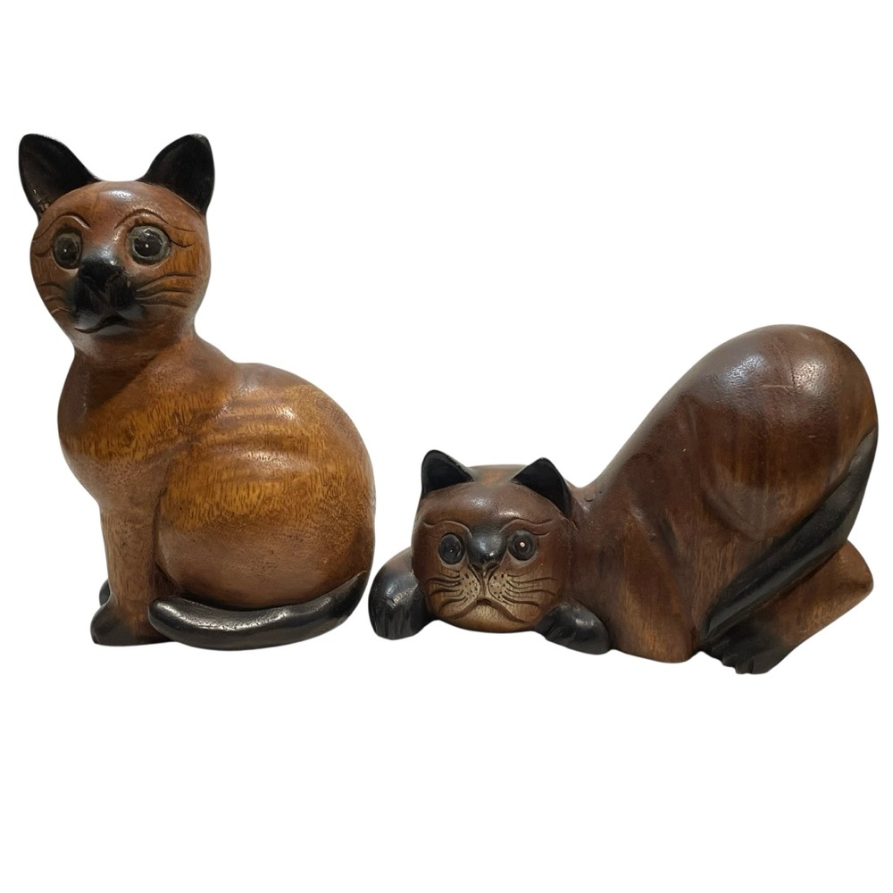Vintage 1970s Hand Carved Wooden Brown Siamese Cats (2) Statues - Thailand Made